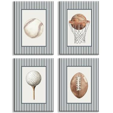 Imagem de Arte de parede de esportes de berçário, decoração de parede em tela para quarto de meninos, estampa esportiva vintage, beisebol, futebol, golfe, basquete, pôster, pintura, arte, para sala de jogos