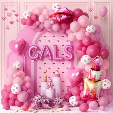 Imagem de Kit de arco de balão Galentines, arco de balão rosa do dia dos namorados com rosa choque, balões rosa claro, lábios de coração e batom para mulheres, meninas, decorações de festa do dia dos namorados