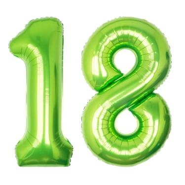 Imagem de SULALABOO Balão grande número 18 verde de 101 cm com número de hélio grande limão gigante digital 18ª folha Mylar balão grande para festa de aniversário de meninos decorações de formatura