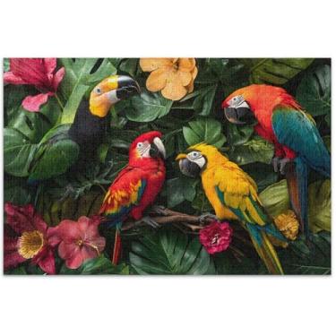 Imagem de Quebra-cabeça para adultos papagaio floral pássaros tropicais 500 peças arte animal flor arte divertida jogo de quebra-cabeça presentes, 51 x 35 centímetros