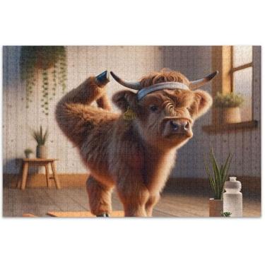 Imagem de Vaca Highland Engraçado Yoga Animal Jigsaw 1000 Puzzles para Adultos Decoração de Pintura Animal Personalizado Grandes Puzzles Presentes para Amantes de Quebra-Cabeças, 75 x 40 cm