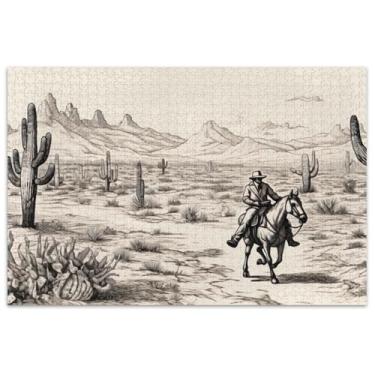 Imagem de Quebra-cabeça de paisagem de cacto com cavalo caubói 1000 quebra-cabeças para adultos, decoração de arte, quebra-cabeças coloridos, presentes tecnológicos de jogos