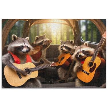 Imagem de Quatro guaxinins estão sentados no carro dirigindo adultos quebra-cabeça 1000 peças arte decoração paisagem quebra-cabeças família amantes presentes