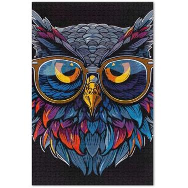 Imagem de Design de uma coruja com óculos quebra-cabeças para adultos 1000 peças presentes engraçados de festa de elefante branco quebra-cabeça cena de outono decoração de pintura animal, 75 x 40 cm