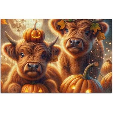 Imagem de Quebra-cabeça Halloween Highland vaca abóbora 1000 peças para adultos arte brinquedo pintura homens presentes únicos família elefante branco, 75 x 40 centímetros