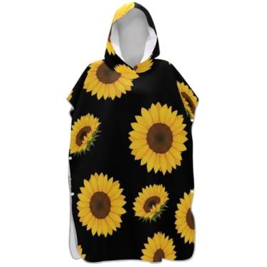 Imagem de Joisal Poncho de surf preto pétala de girassol para adultos trocador de roupão de banho toalhas com capuz de secagem rápida unissex poncho adulto com capuz