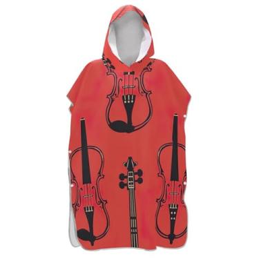 Imagem de Poncho de surfe absorvente para adultos trocador de roupa de banho com capuz bonito violino música impressão vermelha poncho masculino com capuz