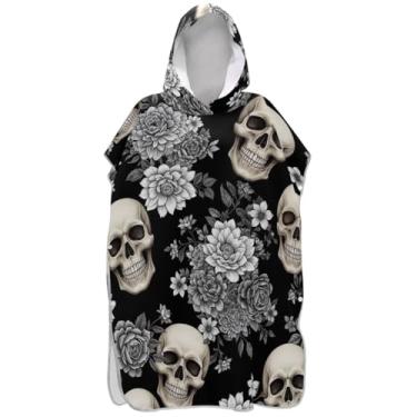 Imagem de Joisal Caveiras Flores Preto Branco Surf Poncho Trocador para Adul Plus Size Unissex Adulto Poncho com Capuz Toalha de Natação