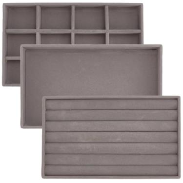 Imagem de SOFPLATE 3 peças, 3 estilos, cinzas, empilháveis, bandejas organizadoras de joias de veludo, inserções de gavetas, bandejas organizadoras personalizáveis em massa para anel, suporte de brinco, colar