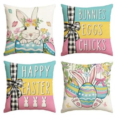 Imagem de AVOIN colorlife Capas de almofada Happy Easter Rabbit Flowers Easter Eggs Throw Covers, 40,6 x 40,6 cm, coelhinhos, ovos de Páscoa, pintinhos, listras, xadrez, capa de almofada para sofá conjunto de 4