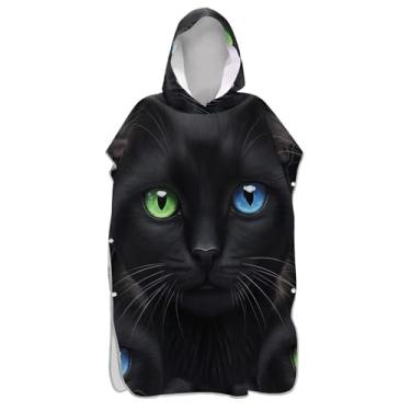 Imagem de TSENQUE Roupão preto gato verde olhos azuis surf poncho trocador para adultos secagem rápida homens mulheres poncho com capuz praia banho toalhas com capuz