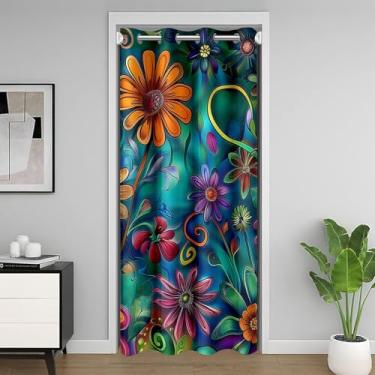 Imagem de Erosebridal Cortina blecaute dégradé boho 30%-50% escurecimento 86,4 cm L x 203,2 cm C Cortinas de porta étnicas boêmias para meninas mulheres tribal arco-íris laranja azul-petróleo cortina porta