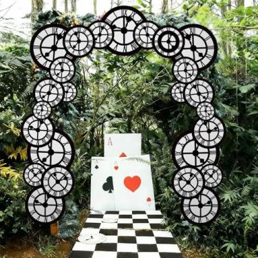 Imagem de Preboun Decoração de festa de chá do País das Maravilhas 2 x 1,5 m Faixa de porta do relógio Guirlanda do País das Maravilhas Adereços de foto de fundo para aniversário chá de bebê suprimentos de