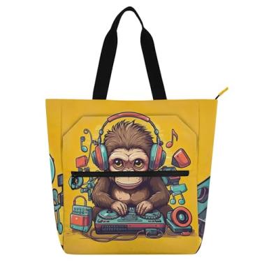 Imagem de Sacola amarela divertida de macaco DJ para mulheres, bolsas de tecido de lona para trabalho, faculdade, escola, viagem, livros, presentes