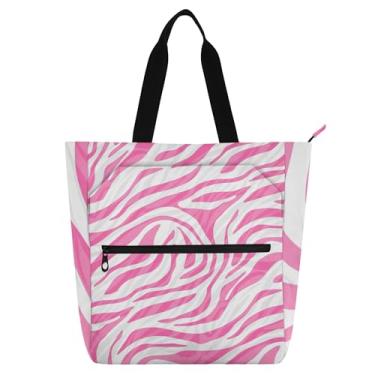 Imagem de GAIGEO Sacola para livros rosa e branco macio com listras zebra para crianças, mulheres, escola, professor, trabalho, viagem, com zíper, bolsa de ombro de lona reutilizável média