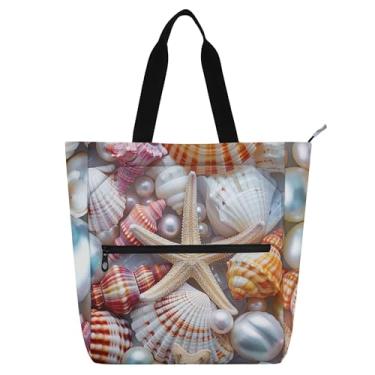 Imagem de GAIGEO Bolsas femininas Seashells Pearls Starfish de lona para escola universitária bolsa carteiro presente para amantes de livros