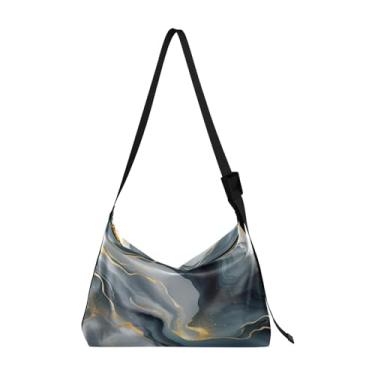 Imagem de Bolsa Hobo de ombro leve de flores silvestres com borboletas aquarela, bolsa tiracolo vegana, bolsas transversais de couro, Redemoinhos abstratos de ouro e prata - 2, One Size