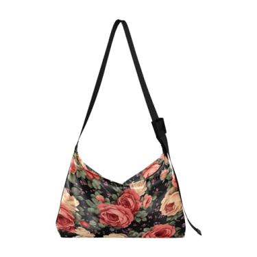 Imagem de Bolsa tiracolo de couro vegano estilo tribal com marrom e preto, bolsas transversais de couro Hobo para mulheres, Old Fashion Roses-2, One Size