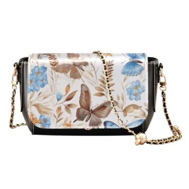 Imagem de Bolsa de ombro preta para chá e limões com bolsos, bolsas transversais femininas, bolsa de couro para mulheres a tiracolo, Borboletas e flores azuis - 3, One Size