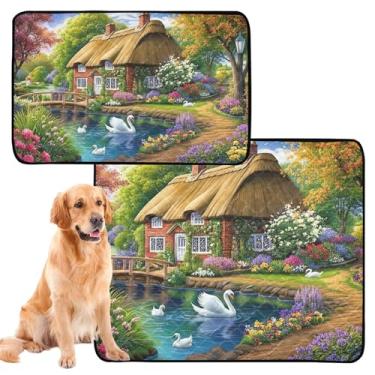 Imagem de TSENQUE Tapetes coloridos florais reutilizáveis de cisnes brancos para animais de estimação, tapetes laváveis para xixi de cachorro, antiderrapante, impermeável, tapete absorvente de cães, almofadas