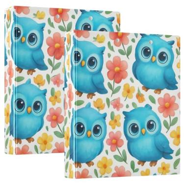 Imagem de Fichários personalizados fofos de corujas azuis flores brancas com três anéis de 3 cm, 200 folhas, portfólio, impressão, anel redondo, fichário de escritório, 31,5 x 27 x 6 cm, 1 pacote