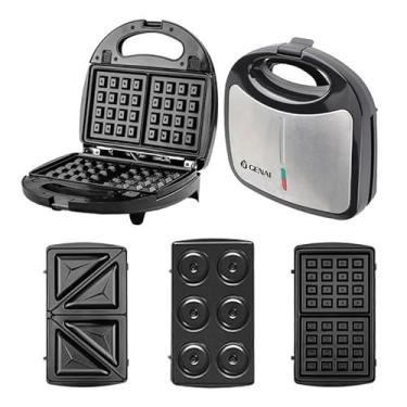 Imagem de Sanduicheira e Máquina de Waffle 3 em 1, Placas Intercambiáveis, Antiaderente, Prata e Preto