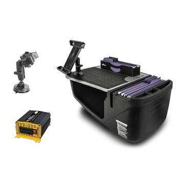Imagem de AutoExec Mesa de carro Efficiency FileMaster para sua estação de trabalho de veículo e escritório móvel, cinza, com inversor de potência de 400 watts, suporte para tablet e suporte de telefone com