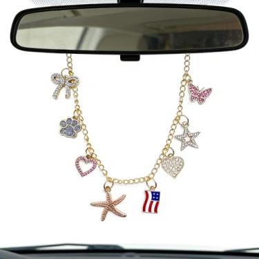 Imagem de Amuleto de espelho retrovisor para carro, acessórios de pendurar dourados com laço borboleta cruz pata de cachorro estrela do mar bandeira americana estrela, decoração de carros, acessórios de carro