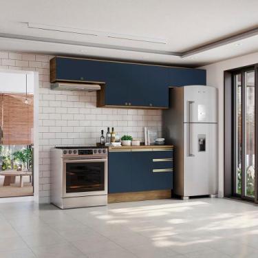 Imagem de Armário de Cozinha Completa 100% MDF 280cm Nogueira/Azul Profundo Cele