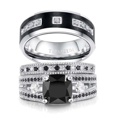 Imagem de ringheart Anéis de casal combinando preto 1CT CZ banhado a ouro branco conjuntos de anéis de casamento feminino para ele e ela, women size9 & men size12, Papel, Zircônia cúbica
