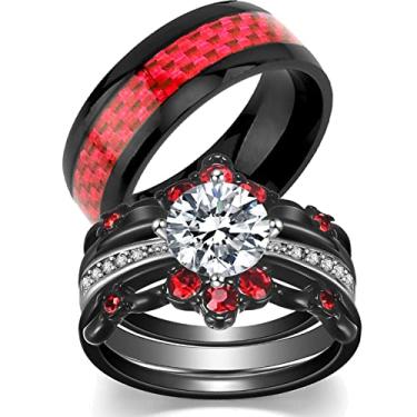 Imagem de ringheart Anéis de casal preto combinando 1,5 ct AAA CZ conjunto de alianças de casamento feminino para ele e ela anel de casamento vermelho, Metal Metal cristal strass Pedra, Zircônia cúbica