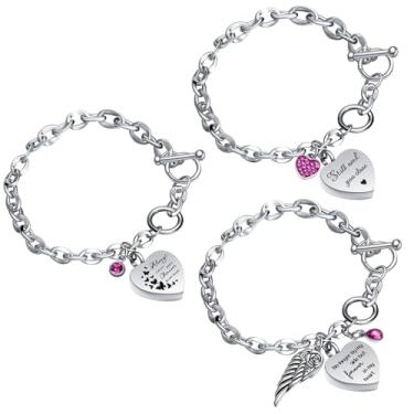 Imagem de Ecation Pacote com 3 pulseiras de urna para cinzas, cremação, cinzas, memorial, strass, joias, porta-medalhão, coração, com diferentes palavras, urnas de aço inoxidável, lembrança, para mulheres e
