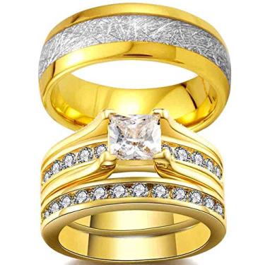 Imagem de Anéis de Casal RingHeart em Ouro Amarelo com Princesa Cz Conjuntos de Anéis de Casamento Femininos em Aço de Titânio Aliança de Casamento Masculina Dourado