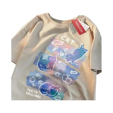 Imagem de Camiseta De Algodão Estilo Japonês Com Estampa Divertida De Gato Para 