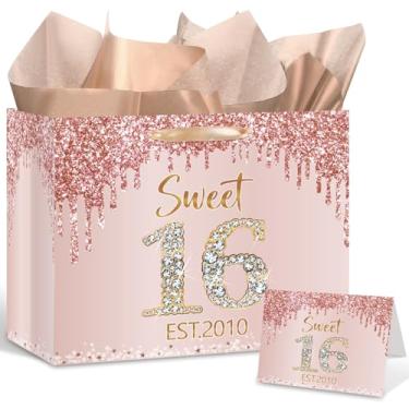 Imagem de Yoirrat Sweet 16 Est. 2010 Saco de presente com papel de embrulho e cartão grande ouro rosa glitter feliz 16º aniversário sacos de presente para meninas 16 anos suprimentos de festa de aniversário