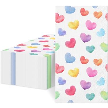 Imagem de Pacote com 100 guardanapos de papel para o Dia dos Namorados, guardanapos descartáveis de coração, toalhas decorativas coloridas para banheiro, cozinha, artigos de festa (aniversário, casamento