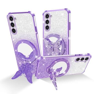 Imagem de Easyscen Capa para celular Samsung Galaxy S23 Plus (6,6 polegadas), com suporte de borboleta e 4 cantos de airbag protetora, capa protetora à prova de choque de luxo feminina com glitter - roxa