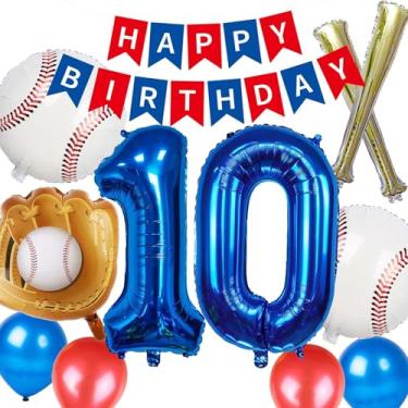 Imagem de Decorações de balões de beisebol de 10 anos para meninos, azul marinho, vermelho, branco, faixa de 10 anos, luva de beisebol, balão de folha de morcego, suprimentos de festa esportiva para meninos e