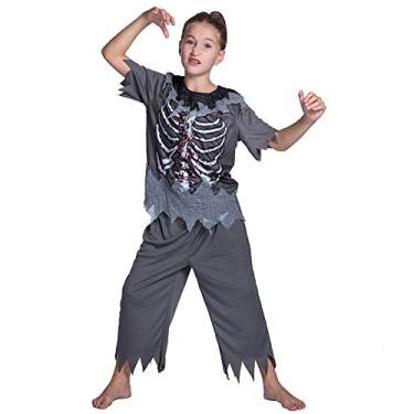 Imagem de Fantasia Unissex Infantil de Esqueleto Zumbi Halloween Camisa Calças Kit Acessórios para Festa Disfarce e Cosplay