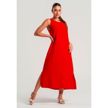 Imagem de Vestido Midi Alfaiataria Marrant Regata Com Fendas e Bolsos Vermelho S