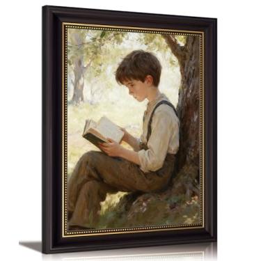 Imagem de Arte de parede vintage marrom escuro emoldurado para meninos arte de parede inspiradora infantil educação decoração de parede imagem meninos lendo sob uma árvore pôster impresso para quarto infantil