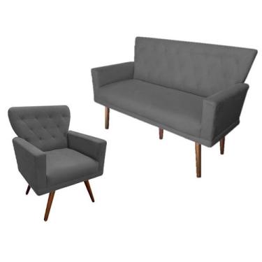 Imagem de Kit Namoradeira + 1 Poltrona Decorativa Aurora Suede Cinza Pés Madeira