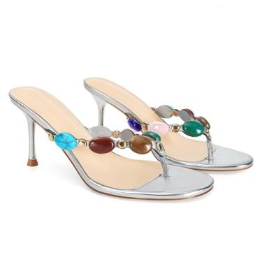 Imagem de MAIJED Sandálias femininas de salto alto com tiras de dedo aberto e salto alto com tiras de salto alto sem cadarço salto médio sapato social moderno, Prata., 41