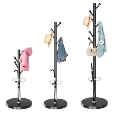 Imagem de ZOZOE Suporte de metal, cabideiro moderno independente com base de mármore natural, cabides industriais resistentes com 8 ganchos e suporte de guarda-chuva, suporte de cabide de árvore preto para
