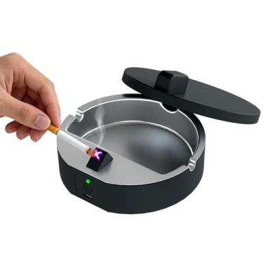 Imagem de Isqueiro eletrônico e cinzeiro com tampa - ignição com um clique, sem necessidade de combustível, bandeja interna removível para facilitar a limpeza, reduz o fumo passivo, mais seguro e portátil para