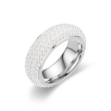 Imagem de Izpack Anel de declaração de pérolas halo para mulheres e homens, elegante imitação de pérolas cultivadas em água doce, empilhamento, compromisso, casamento, noivado, anel de dedo com ajuste