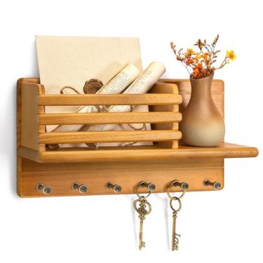 Imagem de Rebee Vision Suporte de parede para chave de madeira de pinheiro Farmhouse - Porta-chaves rústico para parede com prateleira de armazenamento e 6 ganchos - Suporte de correio para Kicthen, sala de