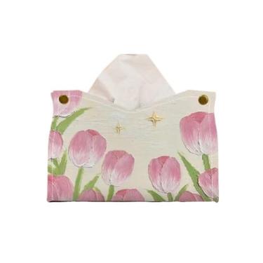 Imagem de Suporte para caixa de lenços de papel, pintura a óleo, capa de caixa de lenços de couro PU, dispensador de lenços faciais, suporte para sala de estar, mesa, decorativo, capa de caixa de lenços (rosa)