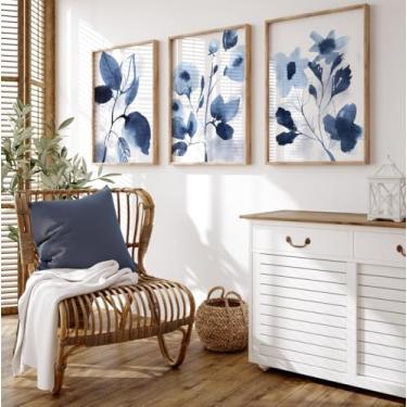 Imagem de Pintura em tela azul marinho aquarela 3 peças de pôsteres botânicos azuis impressões de arte de parede para sala de estar quarto decoração de casa com moldura interna de madeira