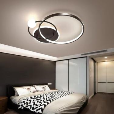 Imagem de Luminária de teto LED moderna com anel redondo e dimerizável, com controle remoto para ajuste de cor e brilho, ideal para sala de estar e quarto (preta, Ø52cm)